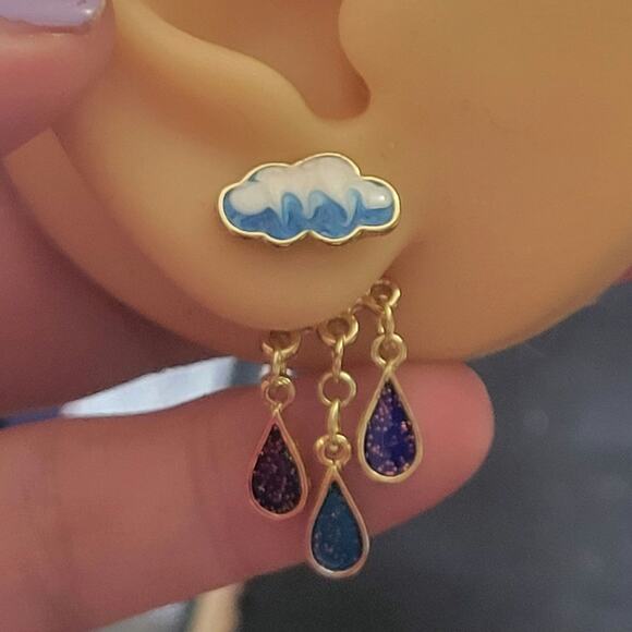 Blue & white enamel cloud post earrings with glittery rain drops - Picture 1 of 2